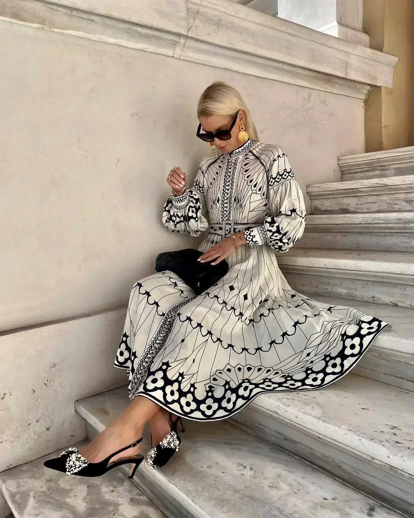 Elegant Beige Printed A Line Dress for Women with Stand Collar Long Sleeve Belted Midi Casual Style