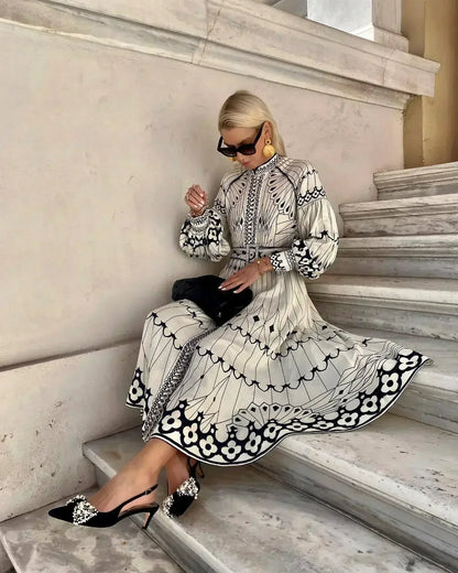 Elegant Beige Printed A Line Dress for Women with Stand Collar Long Sleeve Belted Midi Casual Style