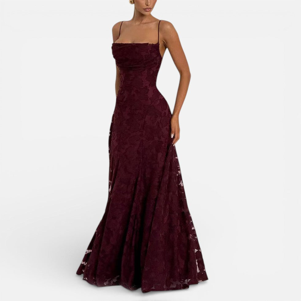 Elegant Lace Maxi Cocktail Dress for Women with Square Neck Spaghetti Strap Ruched Flowing Style