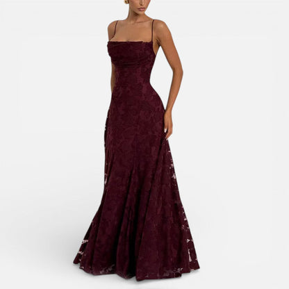 Elegant Lace Maxi Cocktail Dress for Women with Square Neck Spaghetti Strap Ruched Flowing Style