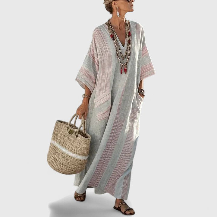 Effortless Boho Maxi Dress for Women with V Neck Batwing Sleeve Linen Kaftan Relaxed Style