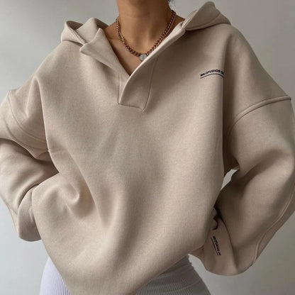 Comfortable Fleece Hoodie for Women with Polo Collar Long Sleeve Oversized Drop Shoulder Knit Style