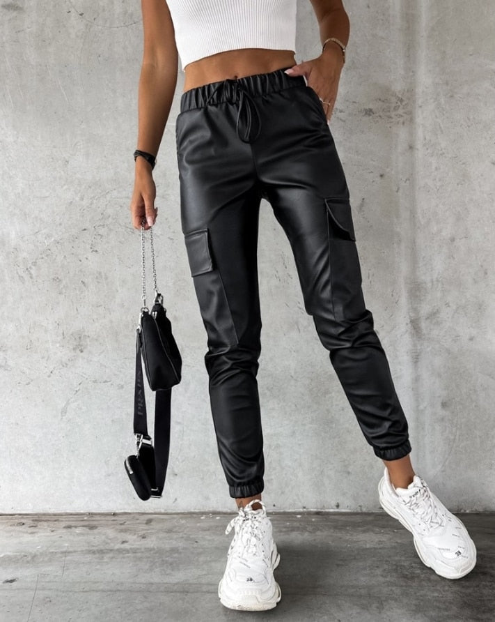 Effortless Black Faux Leather Cargo Pants for Women with Elastic Waist Drawstring Jogger Relaxed Style
