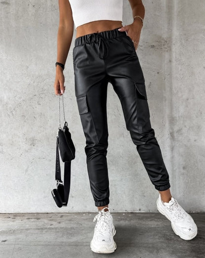 Effortless Black Faux Leather Cargo Pants for Women with Elastic Waist Drawstring Jogger Relaxed Style