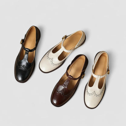 Comfortable Mary Jane Shoes for Women with Round Toe T Strap Brogue Buckle Flat Style