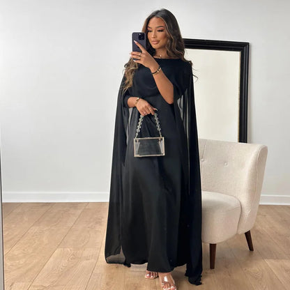 Elegant Satin Maxi Dress for Women with Boat Neck Cape Sleeve Flowing Kaftan Style