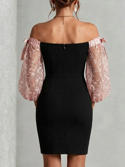 Elegant Black Lace Cocktail Dress for Women with Off Shoulder Balloon Sleeve Bodycon Formal Style