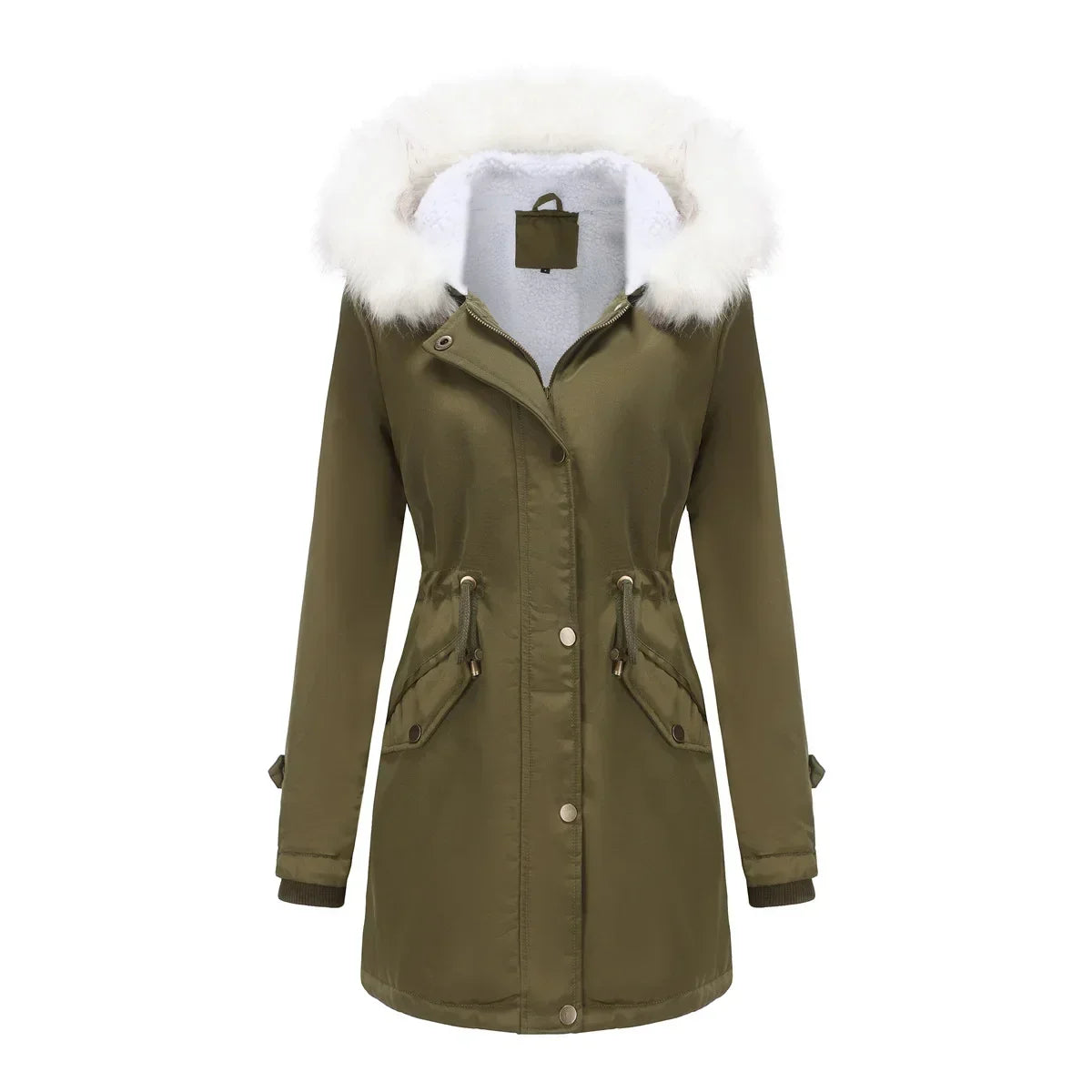 Cozy Faux Fur Trim Parka Jacket for Women with Hooded Long Sleeve Drawstring Waist Relaxed Style