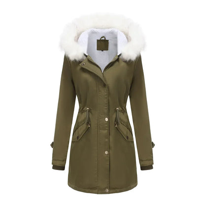 Cozy Faux Fur Trim Parka Jacket for Women with Hooded Long Sleeve Drawstring Waist Relaxed Style