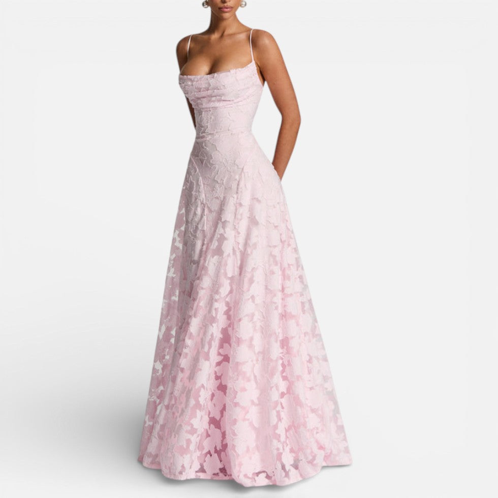 Elegant Lace Maxi Cocktail Dress for Women with Square Neck Spaghetti Strap Ruched Flowing Style