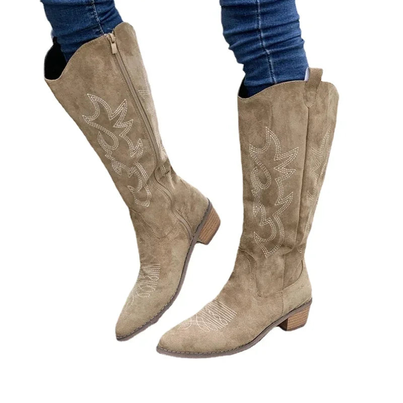 Stylish Suede Embroidered Women's Boots for Women with Pointed Toe Stacked Heel Western Cowgirl Style