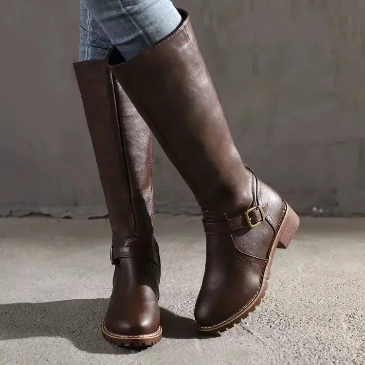 Stylish Brown Boots for Women with Round Toe Block Heel Buckle Strap Zip Up Style