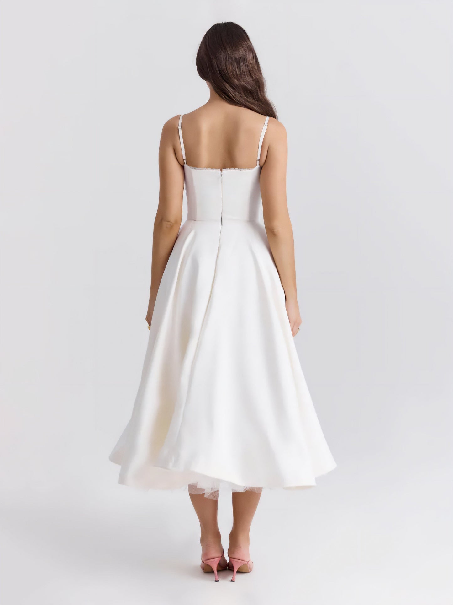 Elegant Bustier Midi Dress for Women with Sweetheart Neckline Spaghetti Strap Tulle Hem Flowing Style