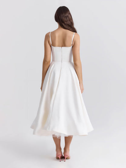 Elegant Bustier Midi Dress for Women with Sweetheart Neckline Spaghetti Strap Tulle Hem Flowing Style