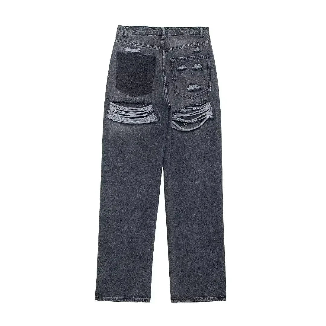 Effortless Distressed Wide Leg Jeans for Women with High Waisted Ripped Patch Relaxed Style