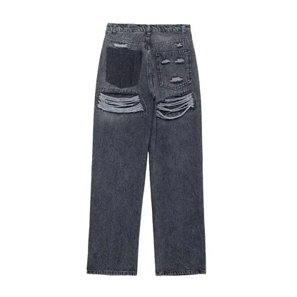 Effortless Distressed Wide Leg Jeans for Women with High Waisted Ripped Patch Relaxed Style