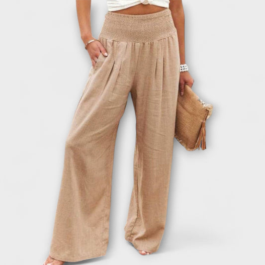Effortless Khaki Wide Leg Pants for Women with Smocked High Waist Pleated Front Pocket Casual Style