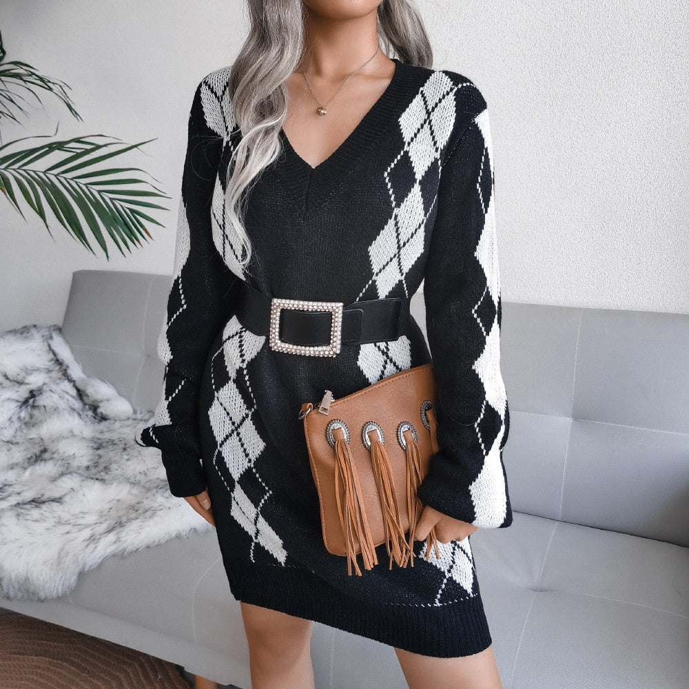 Cozy Argyle Knit Sweater Dress for Women with V Neck Long Sleeve Oversized Pullover Style