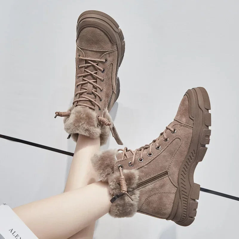 Women's Leather Fur-Lined Ankle Winter Snow Boots Lace-Up Side Zip Chunky Lug Sole
