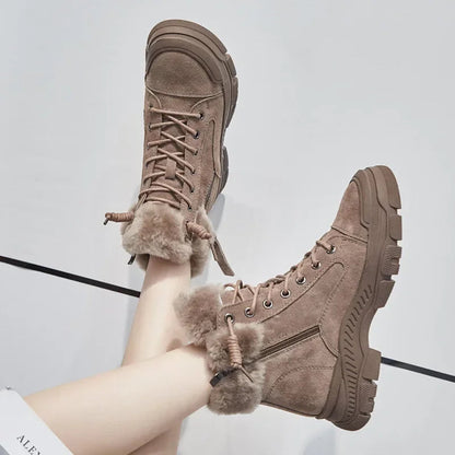 Women's Leather Fur-Lined Ankle Winter Snow Boots Lace-Up Side Zip Chunky Lug Sole