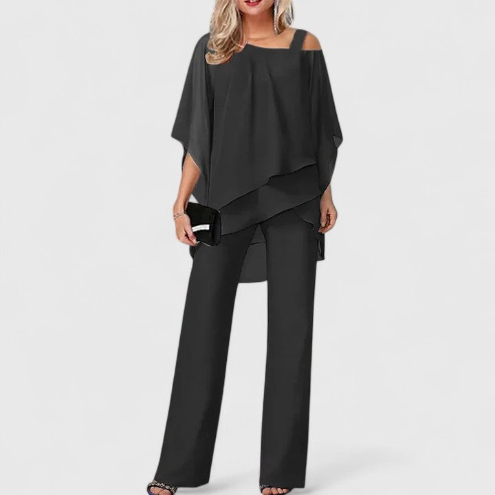 Elegant Two Piece Set for Women with Off Shoulder Cape Top Wide Leg Pants Formal Style