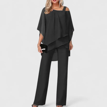 Elegant Two Piece Set for Women with Off Shoulder Cape Top Wide Leg Pants Formal Style