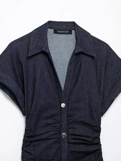 Elegant Indigo Denim Dress for Women with Collared V Neck Short Sleeve Button Front Ruched Maxi Style