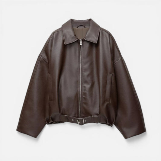 Elegant Leather Jacket for Women with Collar Long Sleeve Belted Oversized Bomber Style