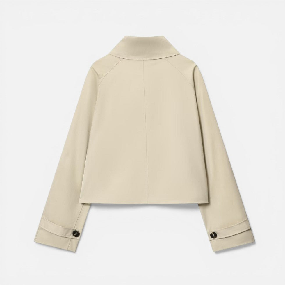 Elegant Beige Cropped Jacket for Women with Collar Long Sleeve Button Front Relaxed Style