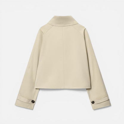 Elegant Beige Cropped Jacket for Women with Collar Long Sleeve Button Front Relaxed Style