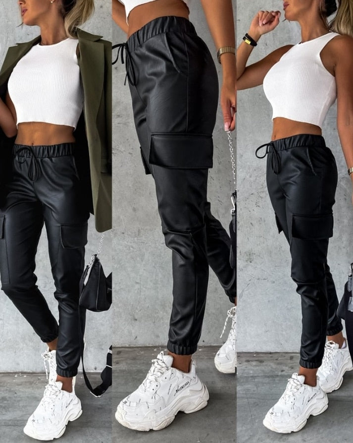 Effortless Black Faux Leather Cargo Pants for Women with Elastic Waist Drawstring Jogger Relaxed Style