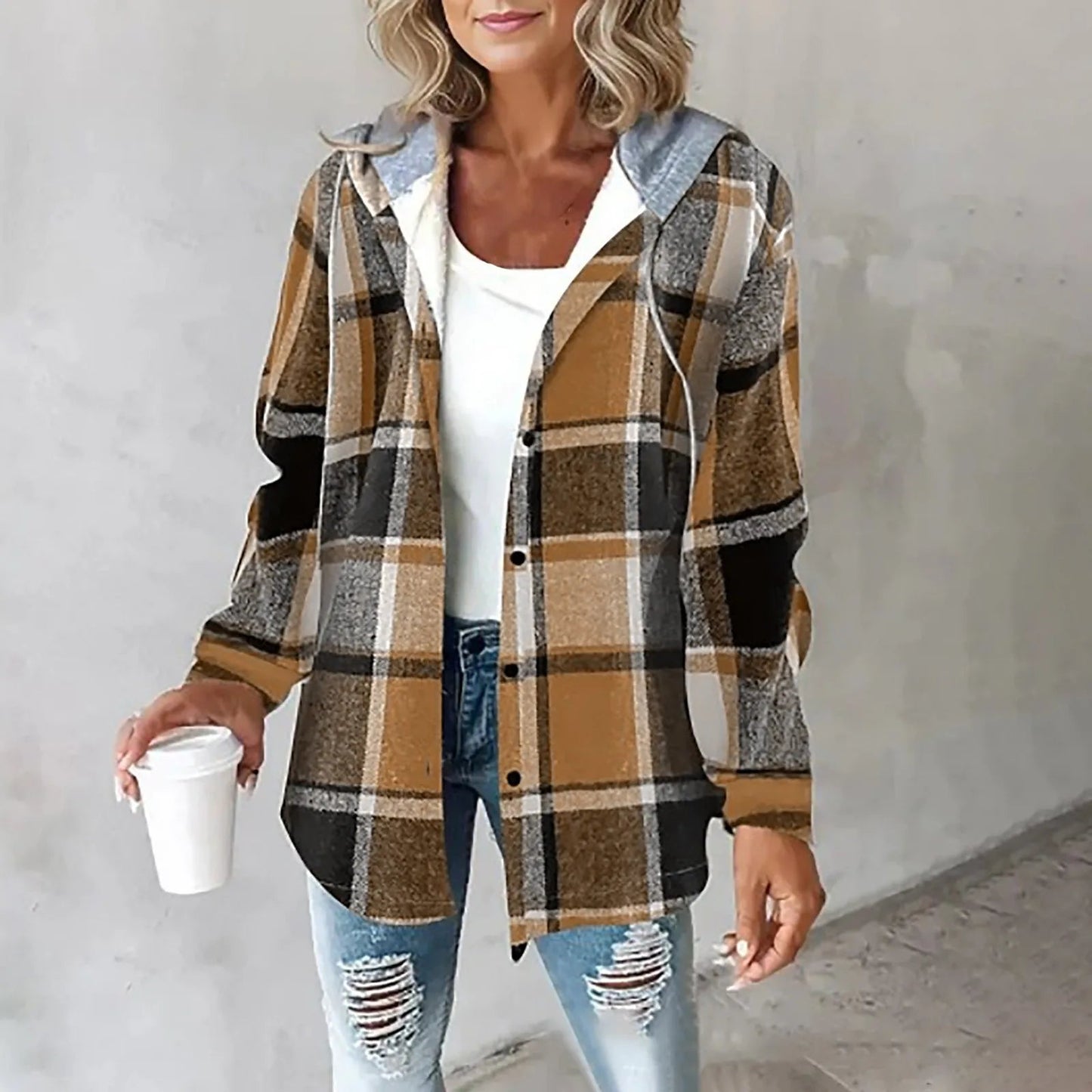 Effortless Plaid Flannel Shacket for Women with Hooded Long Sleeve Button Front Chest Pocket Oversized Style