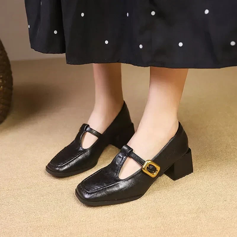 Elegant Mary Jane Shoes for Women with Buckle Strap Block Heel Square Toe Style