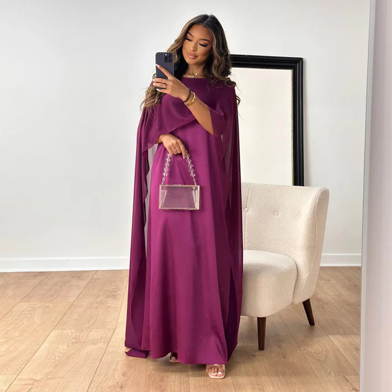 Elegant Satin Maxi Dress for Women with Boat Neck Cape Sleeve Flowing Kaftan Style