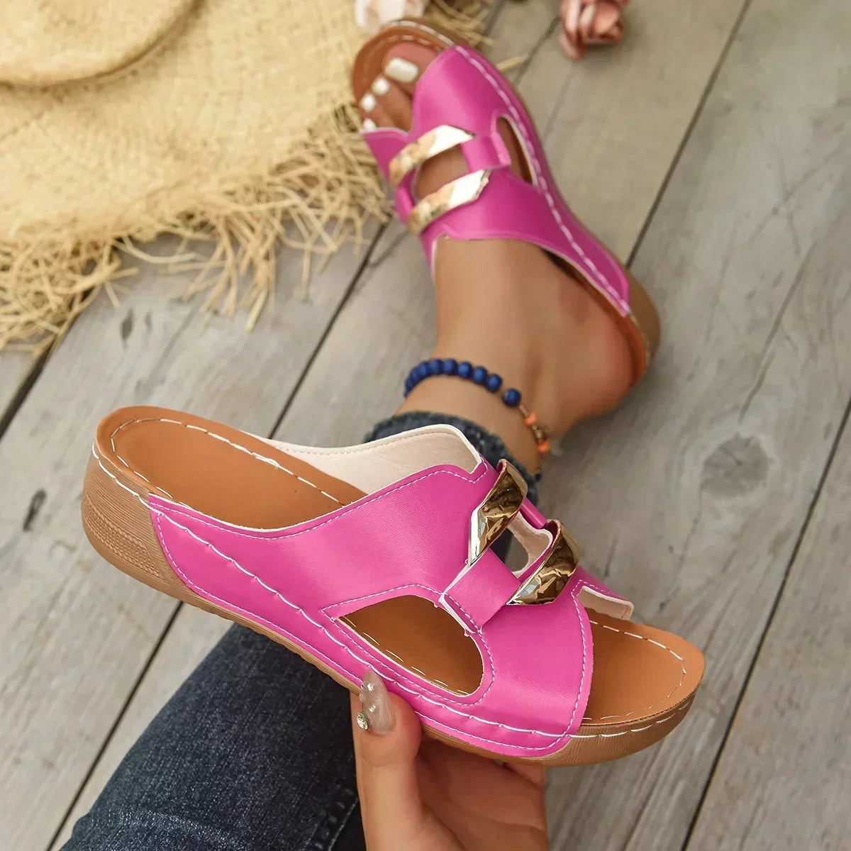 Comfortable Orthopedic Sandals for Women with Gold Metal Bar Cutout Wedge Heel Slip On Open Toe Style