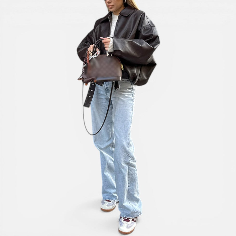 Elegant Leather Jacket for Women with Collar Long Sleeve Belted Oversized Bomber Style