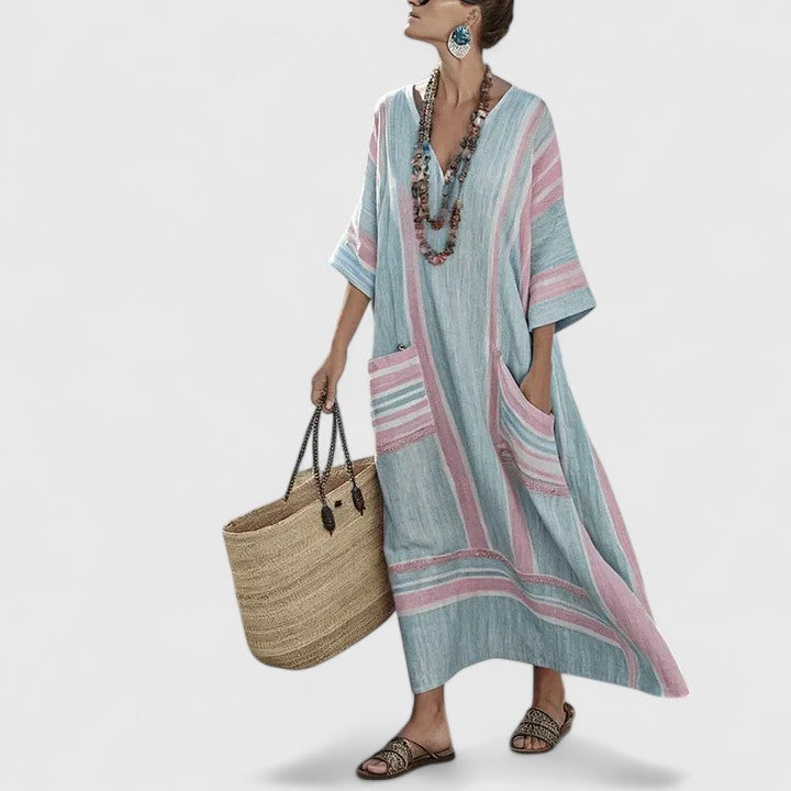 Effortless Boho Maxi Dress for Women with V Neck Batwing Sleeve Linen Kaftan Relaxed Style