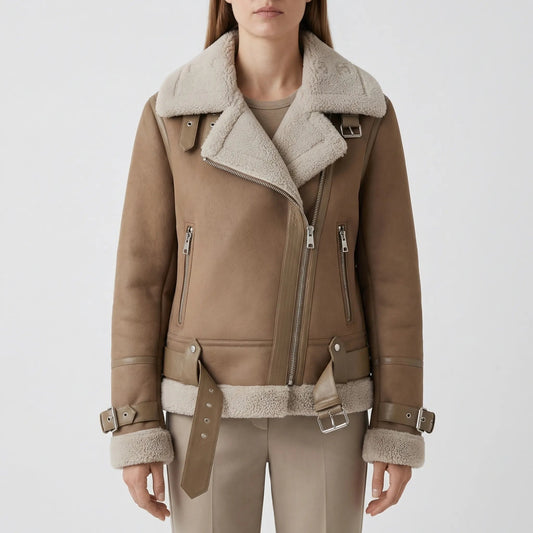 Warm Aviator Jacket for Women with Suede Collar Long Sleeve Zip Up Faux Shearling Belted Style