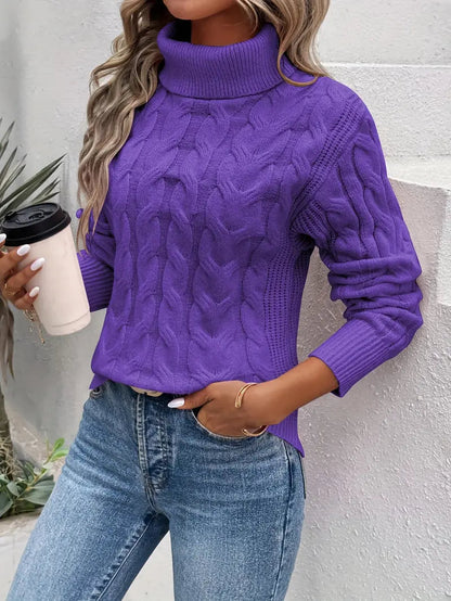 Comfortable Cable Knit Sweater for Women with Turtleneck Long Sleeve Ribbed Cuff Relaxed Style