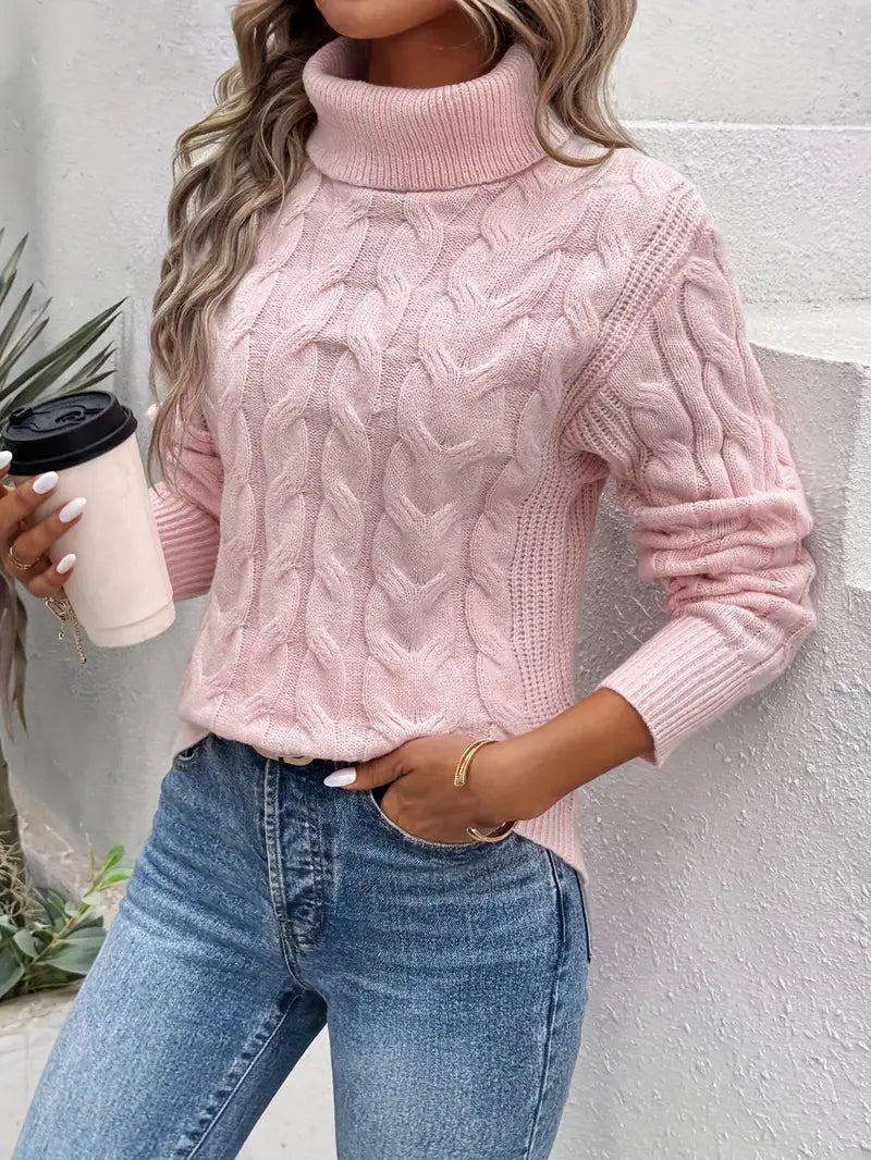 Comfortable Cable Knit Sweater for Women with Turtleneck Long Sleeve Ribbed Cuff Relaxed Style