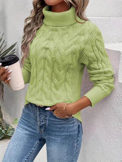Comfortable Cable Knit Sweater for Women with Turtleneck Long Sleeve Ribbed Cuff Relaxed Style