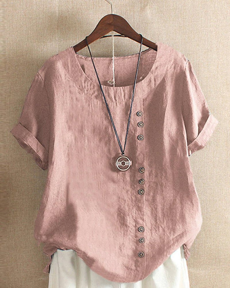 Effortless Linen Tunic Top for Women with Round Neck Button Front Short Sleeve Relaxed Style