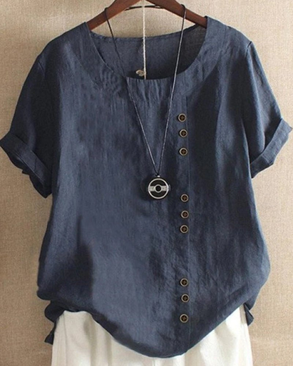Effortless Linen Tunic Top for Women with Round Neck Button Front Short Sleeve Relaxed Style