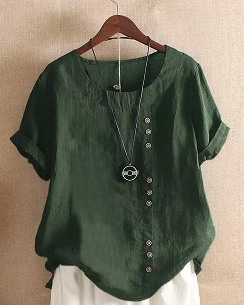 Effortless Linen Tunic Top for Women with Round Neck Button Front Short Sleeve Relaxed Style