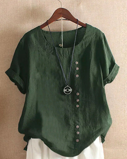 Effortless Linen Tunic Top for Women with Round Neck Button Front Short Sleeve Relaxed Style