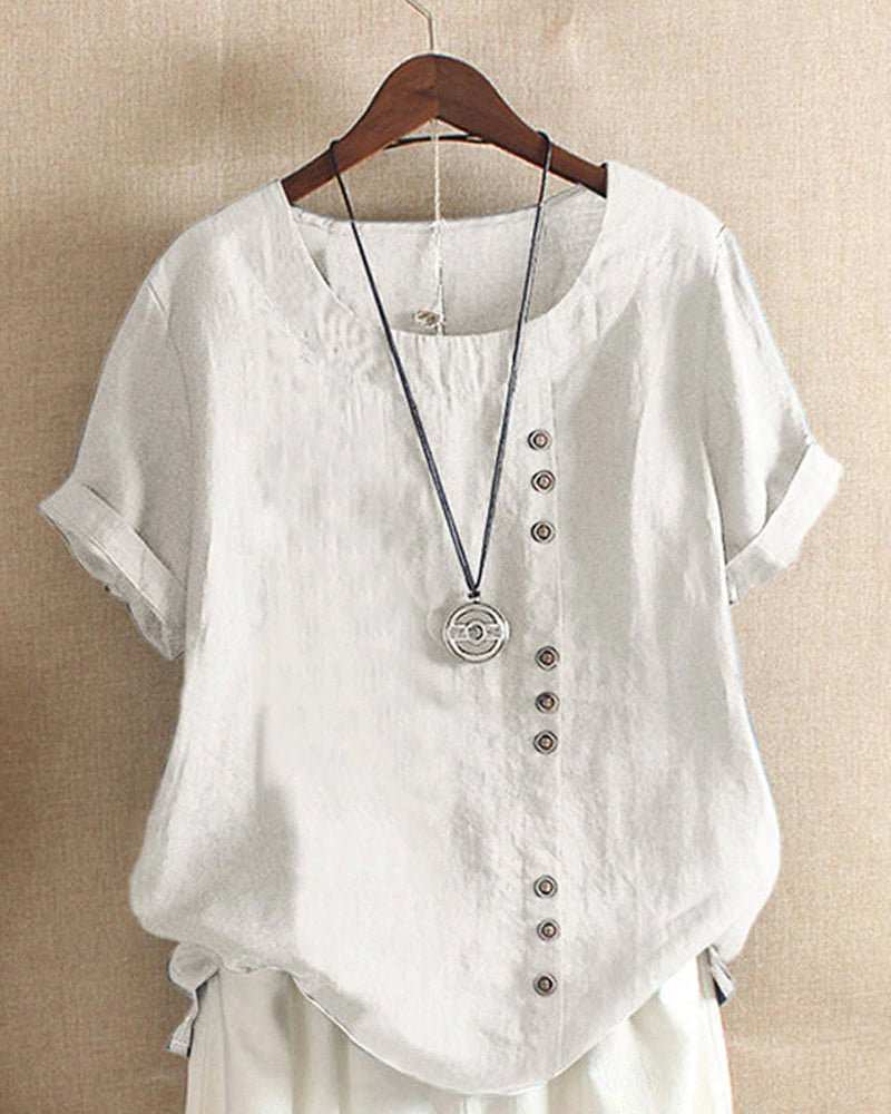Effortless Linen Tunic Top for Women with Round Neck Button Front Short Sleeve Relaxed Style