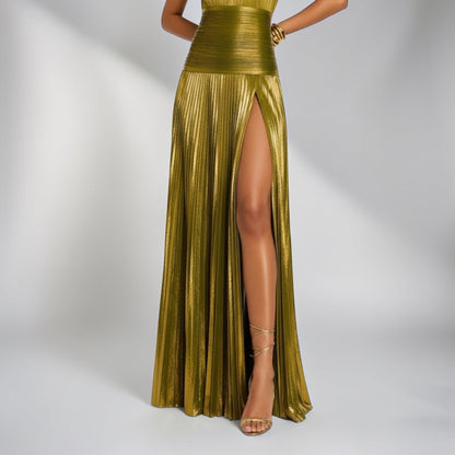 Elegant Gold Dress for Women with Halter Neck Sleeveless Pleated High Slit Maxi Style
