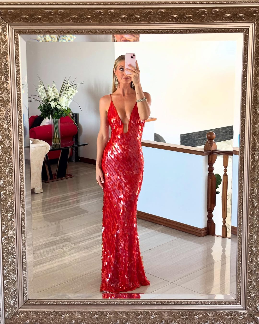 Elegant Red Sequin Dress for Women with V Neck Spaghetti Strap Cutout Mermaid Sparkle Formal Party Style