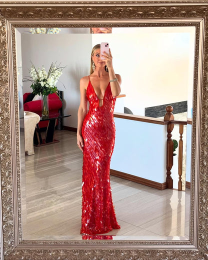 Elegant Red Sequin Dress for Women with V Neck Spaghetti Strap Cutout Mermaid Sparkle Formal Party Style