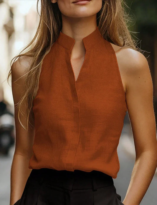 Effortless Rust Linen Halter Top for Women with Stand Collar Sleeveless Relaxed Casual Style